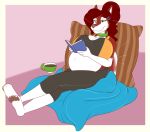  anthro beverage big_breasts book breasts canid canine canis cleavage clothed clothing coffee collar cozy curvaceous domestic_dog female hair heterochromia hi_res husky mammal pregnant reading red_hair xchiseaxmargaritax 