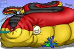  blue bowl dragon eyewear fat glasses inflation morbidly_obese overweight pince-nez pudding red red_body scales spoon unknown_artist 
