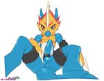  blue_skin cock_ring digimon flamedramon looking_at_viewer male onta penis plain_background solo uncut white_background 