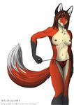  breasts brown_hair canine eosfoxx female fox hair looking_at_viewer smile solo tail underwear undressing yellow_eyes 