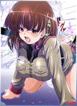  1girl all_fours blush bottomless brown_eyes brown_hair cum cum_in_mouth cum_on_hair cum_string gundam gundam_lost_war_chronicles hetero military_uniform noel_anderson open_mouth penis ryuu_ryuu tally tears uniform 