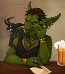  amber_eyes beer beverage bracelet brown_hair facial_hair goatee goblin hair horn horns imp jewelry lizbeast male necklace piercing pointy_ears tattoo 