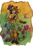  breasts coati dancing female flower flower_in_hair grass_skirt hula skirt skulldog solo topless 