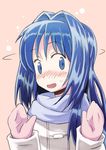  blue_eyes blue_hair blush coat kanon kirigaya_yuuji long_hair minase_nayuki mittens scarf solo surprised 