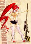  anti-materiel_rifle ass back backboob belt bikini_top boots breasts contrapposto from_behind gun hair_ornament hand_on_hip large_breasts long_hair monsoon pink_legwear ponytail red_hair rifle scarf short_shorts shorts sniper_rifle solo standing tengen_toppa_gurren_lagann thighhighs very_long_hair weapon yoko_littner zipper 