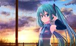  amamiya_minato aqua_eyes aqua_hair arms_up cloud detached_sleeves hatsune_miku long_hair necktie sky smile solo sunset twintails vocaloid 