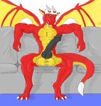  animal_genitalia balls black_penis canine_penis claws dragon erection fangs foxxwolf green_eyes hair horn horns hyper hyper_penis knot looking_at_viewer male muscles nude penis presenting red red_body reptile scalie seyer_rotsen sofa solo spread_legs spreading tail wings 
