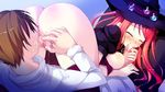  1boy 1girl 69 anus arima_yousuke ass blush breasts brown_hair butthole censored cum cunnilingus eyes_closed fellatio game_cg hat hinomiya_ayari ko~cha long_hair oral penis pussy pussy_juice red_hair stockings thighhighs witch&#039;s_garden witch's_garden witch_hat 