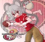  :o animal_ears bangs basket blush clothes_writing commentary cosplay crossover double_vertical_stripe dutch_angle flat_chest football football_(object) football_uniform fujii_jun grey_hair hair_between_eyes helmet holding jersey joe_montana joe_montana_(cosplay) knee_pads logo looking_at_viewer mouse mouse_ears mouse_tail national_football_league nazrin number open_mouth pants red_eyes reebok san_francisco_49ers shirt shoulder_pads silver_hair sportswear standing striped tail touhou transparent uniform wristband 