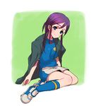  blue_eyes gutn inazuma_eleven inazuma_eleven_(series) jacket kudou_fuyuka purple_hair sitting soccer_uniform solo sportswear 