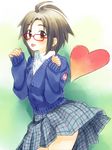  :p black_eyes black_hair cardigan glasses heart highres idolmaster idolmaster_(classic) idolmaster_2 kikuchi_makoto plaid plaid_skirt red-framed_eyewear school_uniform short_hair skirt sleeves_past_wrists solo sweater_vest tongue tongue_out wind wind_lift yuuki_keisuke 