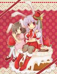  animal_ears boots bunny_ears cake doily fishnets food fruit hat inaba_tewi licking mary_janes midriff minigirl multiple_girls pantyhose reisen_udongein_inaba shoes sitting snowling strawberry thighhighs tongue tongue_out touhou white_legwear 