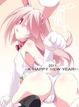  2011 all_fours animal_ears ass bunny_ears bunny_tail collar elbow_gloves gloves hair_over_one_eye long_hair looking_back new_year one-piece_swimsuit original pink_hair red_eyes school_swimsuit solo swimsuit tail thighhighs white_school_swimsuit white_swimsuit yamano_sachi 