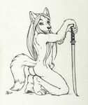  butt canine faolan hair katana kwik long_hair male mammal nude pose sheath solo sword weapon wolf 