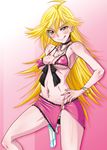  :q bikini_top blonde_hair breasts covered_nipples earrings gun hirokawa_kouichirou jewelry long_hair medium_breasts navel_piercing necklace no_panties panty_&amp;_stocking_with_garterbelt panty_(psg) piercing solo tongue tongue_out weapon 