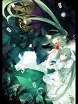  card dress dual_persona floating_card green_eyes green_hair hatsune_miku hitobashira_alice_(vocaloid) long_hair multiple_girls neyti red_eyes twintails very_long_hair vocaloid 