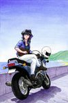  acrylic_paint_(medium) bad_id bad_pixiv_id black_hair crossed_legs ground_vehicle guitar instrument jspk long_hair matsuoka_chie motor_vehicle motorcycle ocean sentimental_graffiti sitting solo traditional_media 