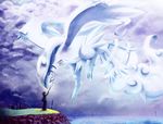  1boy artist_request blue_eyes brown_hair claws cliff cloud clouds dragon epic feathers flying hat human jacket legendary legendary_pok&#233;mon male male_focus mammal nintendo pok&#233;mon pok&#233;mon_trainer pok&eacute;mon pokemon pokemon_(game) pokemon_bw pokemon_trainer reshiram sky solo touya_(pokemon) trainer unknown_artist video_games water wings 