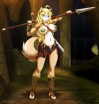  barefoot big_breasts blonde_hair blue_eyes breasts canine female freya hair jessica_elwood pasties polearm skirt solo spear sword tail unconvincing_armour weapon wolf 