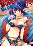 blue_hair breasts copyright_name gloves hasegawa_yukino judith large_breasts midriff navel pointy_ears red_background red_eyes solo tales_of_(series) tales_of_vesperia 