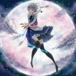  apron bad_id bad_pixiv_id black_legwear bow bowtie braid cloud floating french_braid full_moon glowing glowing_eyes hair_between_eyes hair_ribbon holster izayoi_sakuya knife looking_at_viewer maid maid_headdress moon night night_sky pigeon-toed pocket_watch puffy_sleeves red_eyes ribbon short_hair short_sleeves sky solo star_(sky) thighhighs touhou watch weapon wind yocchin zettai_ryouiki 