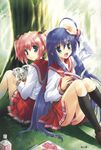  ahoge artist_request back-to-back highres izumi_konata kobayakawa_yutaka long_hair lucky_star manga_(object) mole mole_under_eye multiple_girls outdoors reading ryouou_school_uniform school_uniform serafuku sitting tree twintails very_long_hair 