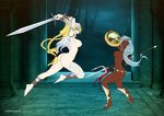  battle blue_eyes breasts butt castle couple dark_forest dark_skin female fight fighting human jessica_elwood not_furry nude polearm red_eyes shield sword tattoo trident unconvincing_armour warrior weapon 
