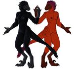  anthro autumnsunrise breasts claws dinosaur duo feather female mirror nipples nude plain_background pose raptor scalie sibling standing toe_claws twins white_background 