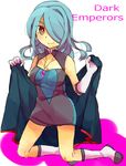  blue_hair blush breasts cape cleavage english female full_body genderswap gloves hair_over_one_eye inazuma_eleven inazuma_eleven_(series) kazemaru_ichirouta kneeling large_breasts long_hair red_eyes simple_background smile solo uniform white_background 