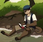  2010 black_nose book digitigrade glasses hair hat jailbird male otter reading shirt short_hair shorts sitting solo water 