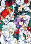  acrylic_paint_(medium) alternate_color animal_ears arm_support black_hair bow braid brown_eyes cat_ears cat_tail chin_rest choker christmas circle_formation closed_eyes extra_ears fangs hair_bow hairband kaenbyou_rin komeiji_koishi komeiji_satori long_hair lying multiple_girls no_hat no_headwear on_back on_side on_stomach one_eye_closed pointy_ears purple_hair red_eyes red_hair reiuji_utsuho sagami short_hair sleeping tail third_eye touhou traditional_media twin_braids white_hair 