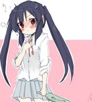  black_hair blush_stickers bottle brown_eyes drunk hiccup k-on! long_hair lowres nakano_azusa natsu_(norari_kurari) neck_ribbon red_ribbon ribbon school_uniform sleeves_rolled_up solo translated twintails 