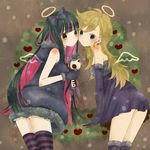  bad_id bad_pixiv_id black_hair blonde_hair blue_eyes blush bow cat dress earrings fur_trim green_eyes hair_bow halo hood hoodie jewelry long_hair mizutamako multicolored_hair multiple_girls panty_&amp;_stocking_with_garterbelt panty_(psg) stocking_(psg) striped striped_legwear stuffed_animal stuffed_toy thighhighs two-tone_hair wings 