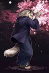  4_toes 5_fingers afd-yred anthro barefoot biped black_nose canid canine canis cherry_blossom claws clothed clothing detailed detailed_background ear_piercing feet fingers flower full_moon fully_clothed fur grey_body grey_fur male mammal moon night outline outside piercing plant prunus_(flower) ring side_view solo standing tail toes tree wolf wood 