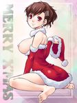  ass barefoot breasts brown_hair christmas feet female_protagonist_(persona_3) hat large_breasts nipples persona persona_3 persona_3_portable red_eyes santa_costume short_hair sitting smile solo wariza yaso_shigeru 