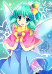  blue_eyes capelet chigo daiyousei green_hair petticoat scarf short_hair side_ponytail snowflakes solo touhou wings 