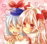  blue_hair blush close-up closed_eyes fujiwara_no_mokou hands happy heart hug hug_from_behind kamishirasawa_keine multiple_girls open_mouth pink_hair red_eyes smile touhou yuri zawameki 