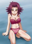  1girl awa bare_shoulders blush bra breasts brown_eyes cameltoe cleavage embarrassed feet highres izayoi_aki kneeling large_breasts legs lingerie looking_at_viewer navel open_mouth panties pink_bra pink_panties red_hair short_hair simple_background solo strapless strapless_bra thighs toes underwear yu-gi-oh! yugioh yugioh_5d&#039;s yuu-gi-ou_5d's 