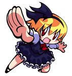  blonde_hair blush_stickers bow chibi fang frills hair_ribbon ichi_(ichikai) outstretched_arms red_eyes ribbon rumia short_hair simple_background solo spread_arms touhou 