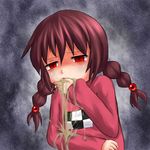  aosora_(mizore) bad_id bad_pixiv_id braid brown_hair empty_eyes long_hair madotsuki pink_shirt red_eyes shirt simple_background solo twin_braids vomit yume_nikki 