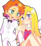  arm_grab arm_hold blonde_hair blue_eyes blush bow bowtie brief_(character) brief_(psg) couple green_eyes looking_at_viewer orange_hair panty_&amp;_stocking_with_garterbelt panty_(character) panty_(psg) pearl smile tuxedo white_background 