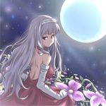  back backless_dress backless_outfit bare_back bare_shoulders chidori_kou commentary_request dress elbow_gloves flower gloves hairband idolmaster idolmaster_(classic) long_hair looking_back moon purple_eyes shijou_takane silver_hair solo 
