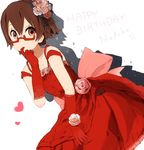  brown_eyes brown_hair dress elbow_gloves face finger_in_mouth flower glasses gloves gown hair_flower hair_ornament happy_birthday k-on! manabe_nodoka nasuna pink_flower pink_rose red red-framed_eyewear red_dress rose semi-rimless_eyewear shadow short_hair solo under-rim_eyewear 