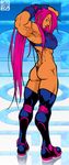  awesome biceps big_breasts boots breasts butt clothed clothing female from from_behind hair long_hair looking_at_viewer muscles muscular_female pink pink_hair skimpy solo sunamori 