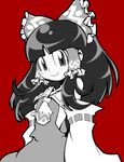  bow detached_sleeves hair_bow hakurei_reimu ichi_(ichikai) monochrome simple_background smile solo touhou 