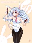  2011 animal_ears black_legwear bunny_ears bunny_tail bunnysuit chopsticks food long_hair mochi new_year original pantyhose red_eyes solo tail takanashi_ringo wagashi white_hair 