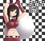  armpits arms_up azumanga_daiou belt crop_top grin highres kasuga_ayumu merry_christmas midriff morichan navel older sack santa_costume smile solo 