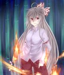  ahoge bad_id bad_pixiv_id bamboo bamboo_forest bow fire forest fujiwara_no_mokou grey_hair hair_bow hands_in_pockets long_hair nature open_mouth pants red_eyes sasa_you_aoi shirt smile solo touhou very_long_hair 