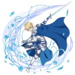  1boy armor armored_boots blonde_hair blue_cape blue_eyes blue_rose_sword boots cape eugeo gauntlets grey_pants hair_between_eyes highres holding holding_sword holding_weapon leg_up looking_at_viewer male_focus official_art open_mouth pants plant shoulder_armor solo spaulders sword sword_art_online transparent_background vines weapon 