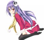  black_legwear blush christmas hair_ornament haqua_d'rot_herminium kami_nomi_zo_shiru_sekai long_hair purple_hair red_eyes scarf sitting solo suzaku_(oekaki_no_sekai) thighhighs 